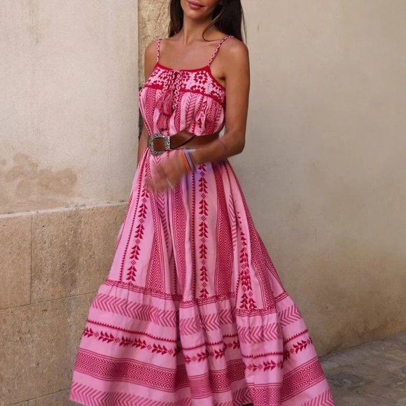 02 Boho Crochet Ruffle Hem Cami Midi Dress - Picture 1 of 16